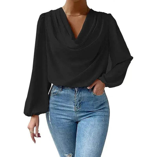 Casual Evening Top for Women Long-sleeved Shirt Loose V-neck chiffon blouse Top women - www.Shopthatapp.com