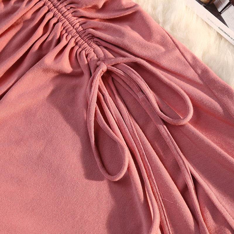 Women's drawstring Side Slit Pleated Hip Midi Skirt - www.Shopthatapp.com