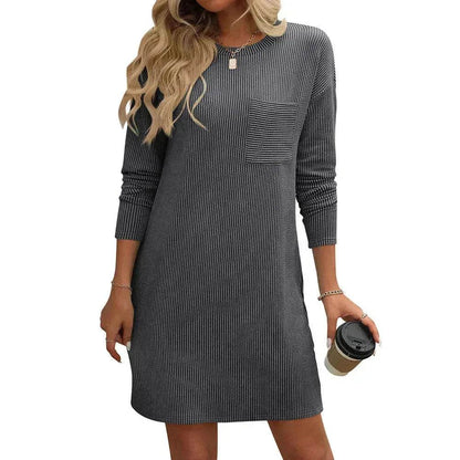 Casual New Solid Color Striped With Pockets Long Sleeve Loose Mini Dress Fashion Round Neck Straight Dress Women's Clothing - www.Shopthatapp.com