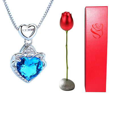 Valentines Day Gift Heart Shaped Blue Purple Crystal Diamond Pendant Rose Head Necklace - www.Shopthatapp.com