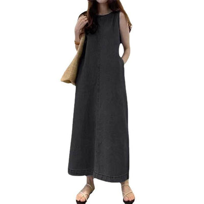 Women's Fashion Sleeveless Mum loose Long Denim Dress - www.Shopthatapp.com