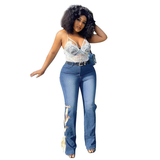 Solid Color Jeans Lace Up Bootcut Trousers - www.Shopthatapp.com