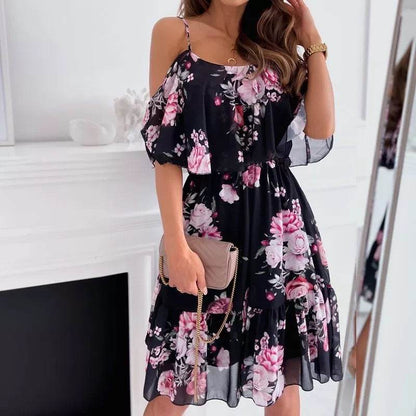 Flower Printed Ruffled Suspender Dress Summer Off-the-shoulder Strap Dresses Women - www.Shopthatapp.com