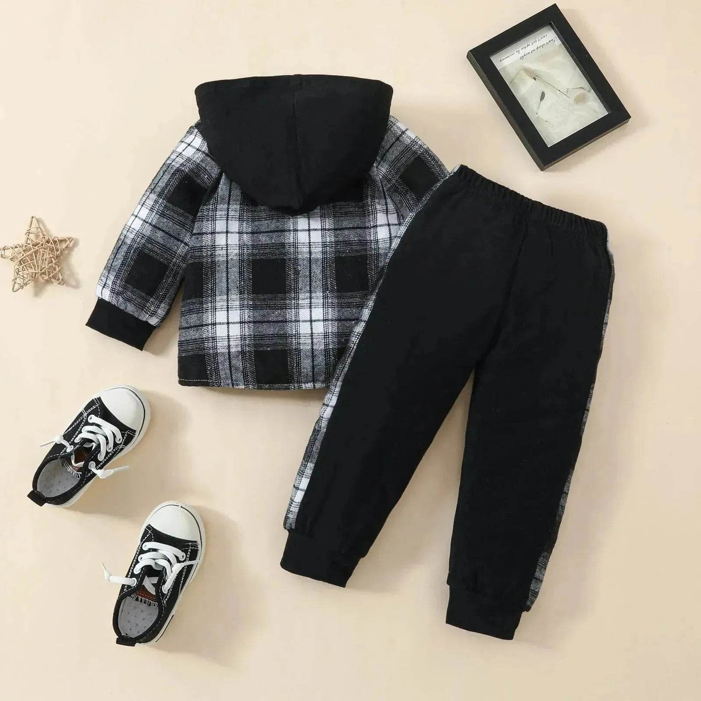Toddler Baby Boy Classic Plaid Hooded Long Sleeve Shirt Contrast Color Trousers Suit Two piece for boys - www.Shopthatapp.com