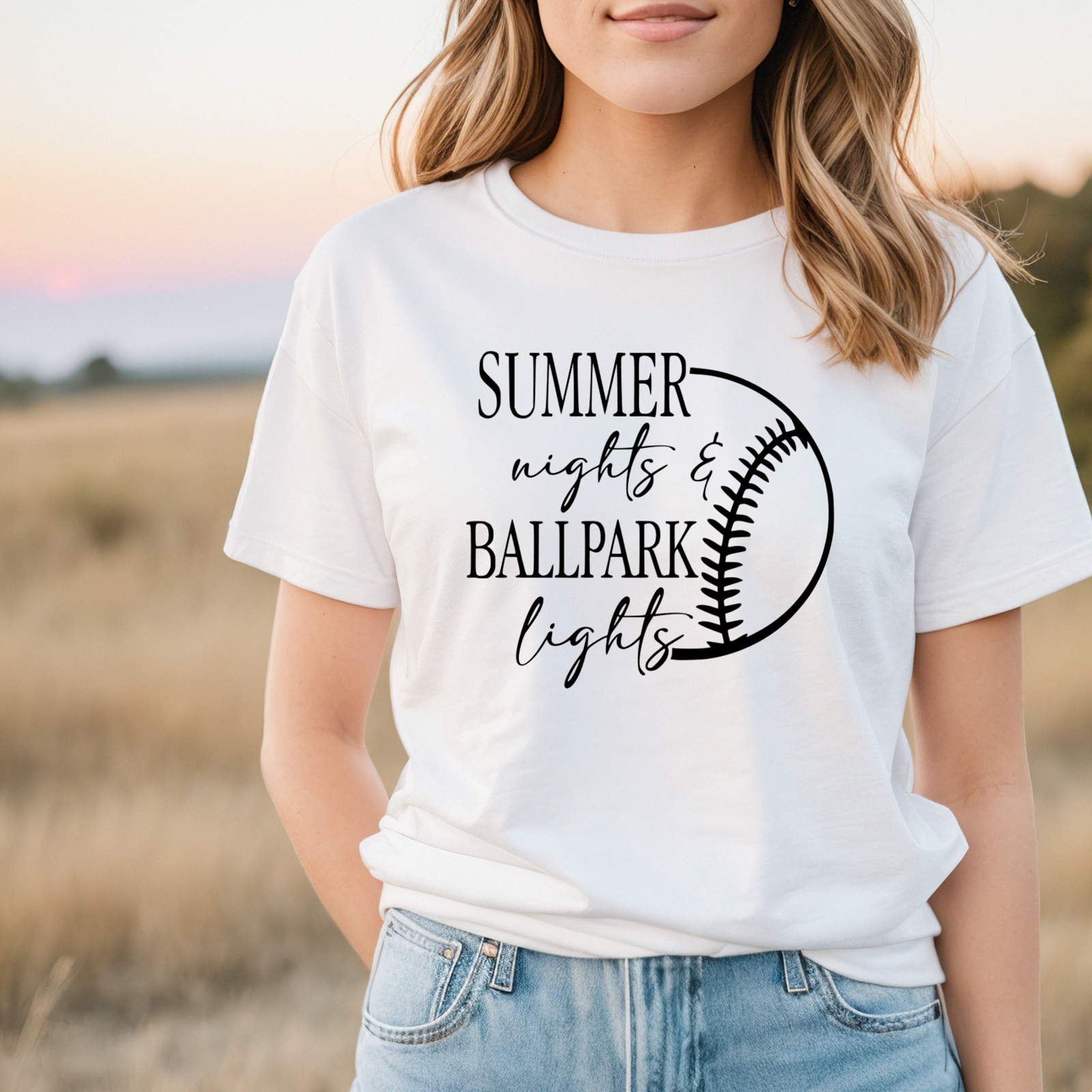 Women's Summer Nights and Ballpark Lights T-Shirt from RusticGirls.Trilogy in a casual outdoor setting