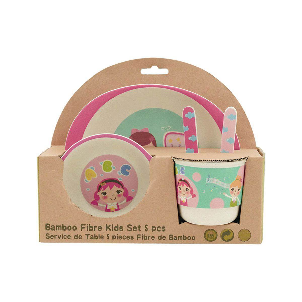 Pink Kids Dinner Set featuring cute designs, made from bamboo fiber for safe and eco-friendly dining