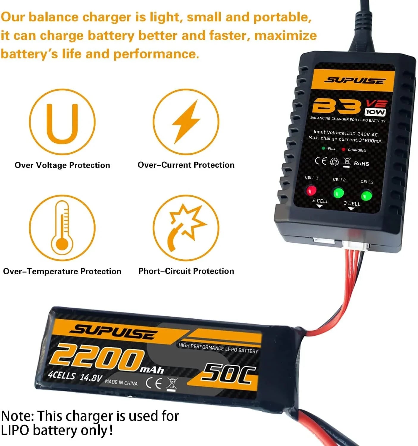SUPULSE B3 V2 LiPo Battery Balance Charger 2S 3S 7.4V 11.1V for RC Models - www.Shopthatapp.com