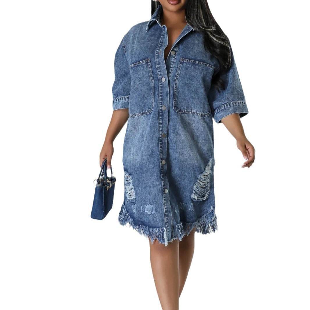 Women's Fashion 3/4 sleeve Mid Length loose Denim Jeans Dress - www.Shopthatapp.com