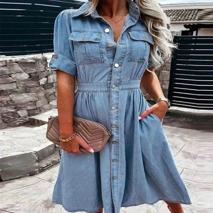 Women's Lapel Breasted Slim-fit Slimming Temperament Blue Denim Midi Skater Dress - www.Shopthatapp.com