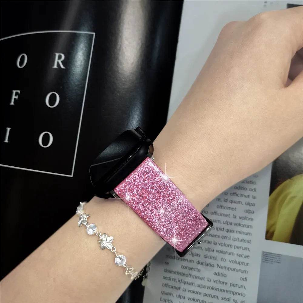Leather Single Ring Glitter Buckle Couple Watch Strap Suitable for Apple Watch - www.Shopthatapp.com