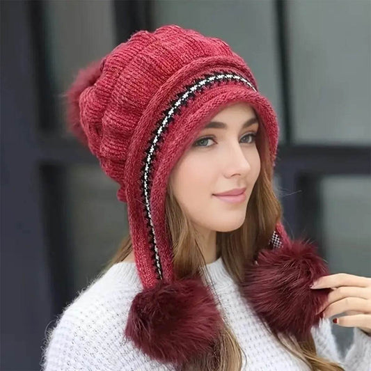 Women Cozy Knit Fleece-Feel Beanie With Ear Flaps Winter Hat Perfect For Skiing & Outdoor Activities - www.Shopthatapp.com