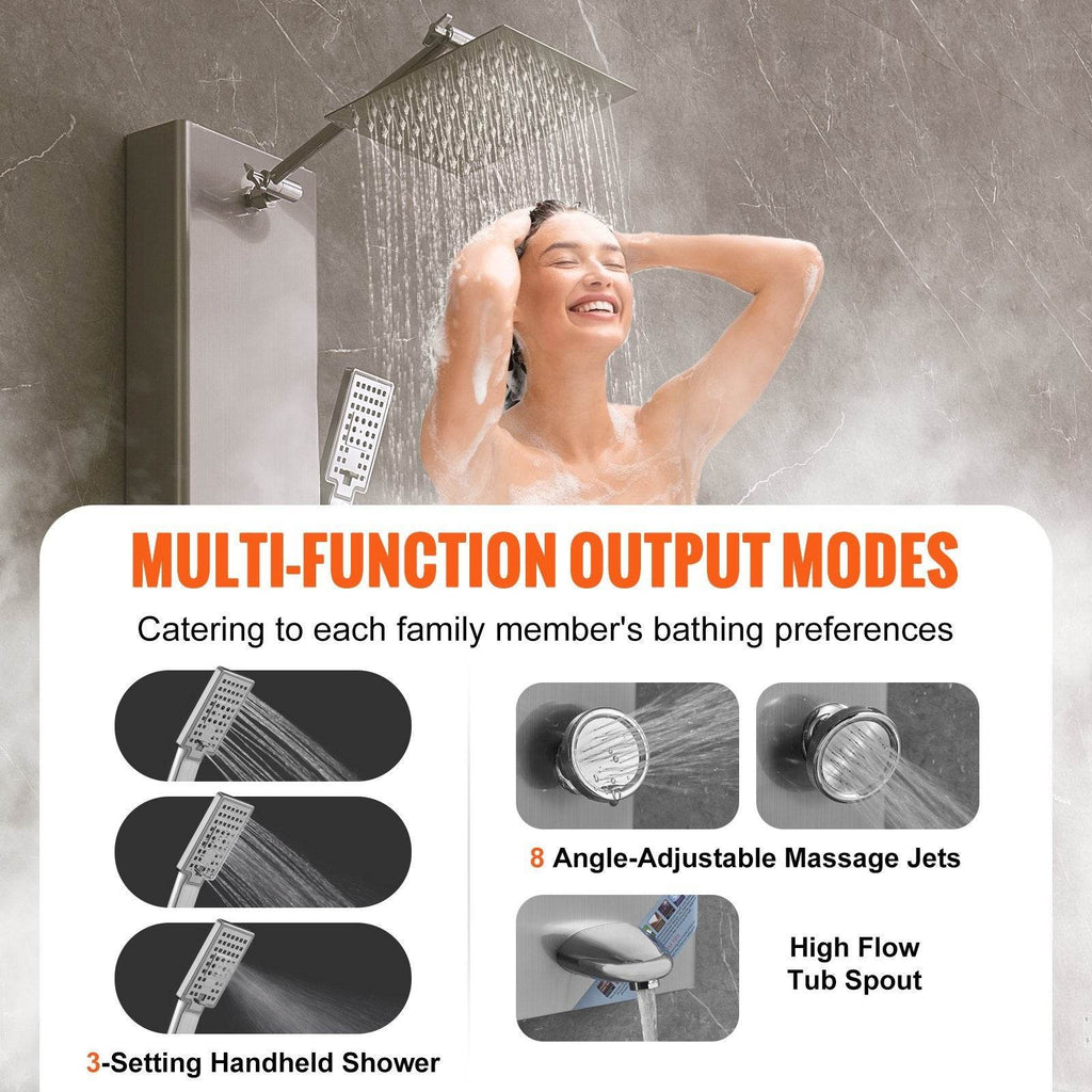 Shower Panel System, 5 Shower Modes, Digital Display Shower Panel Tower, Rainfall, 8 Massage Jets, Tub Spout, 3-Setting Handheld Shower Head 59 Hose, Stainless Steel Wall-Mounted Shower Set - www.Shopthatapp.com