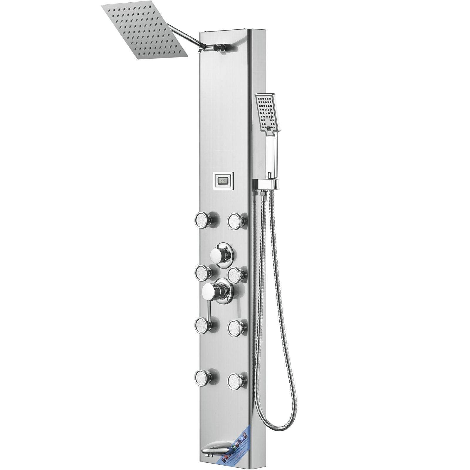 Shower Panel System, 5 Shower Modes, Digital Display Shower Panel Tower, Rainfall, 8 Massage Jets, Tub Spout, 3-Setting Handheld Shower Head 59 Hose, Stainless Steel Wall-Mounted Shower Set - www.Shopthatapp.com