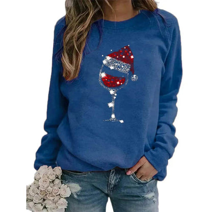 Clothing Christmas Women's Sweater Christmas Hat Red Wine Glass Graphic Print Crew Neck Long-sleeved Sweater - www.Shopthatapp.com