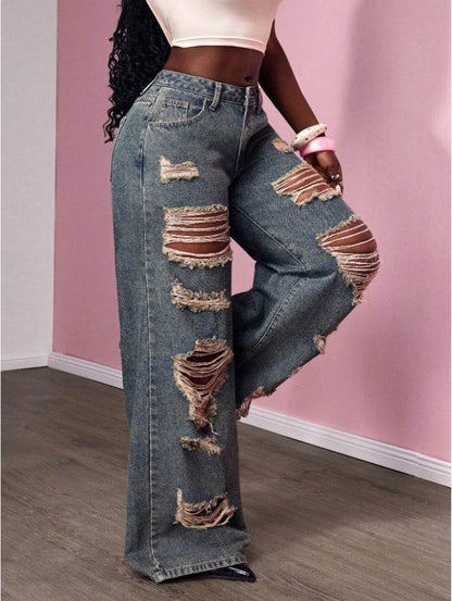 Women's Retro Distressed Kimchi Wide-leg Jeans - www.Shopthatapp.com