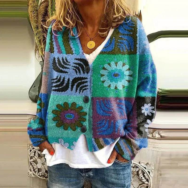 New Christmas Abstract Flowers Printing Sweater Fashion Casual Short Cardigan Coat Womens Clothing - www.Shopthatapp.com