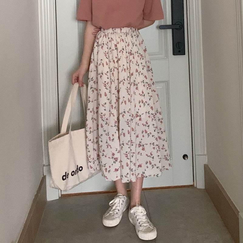 Casual Floral New Fresh High Waist Slimming Korean-style Midi A- Line Skirt - www.Shopthatapp.com