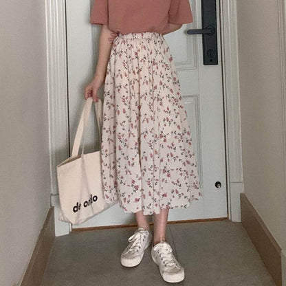 Casual Floral New Fresh High Waist Slimming Korean-style Midi A- Line Skirt - www.Shopthatapp.com