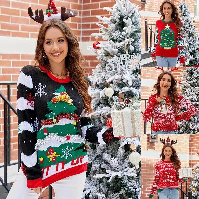 Women's Christmas Sweater Reindeer Xmas Snowflake Christmas Tree Patterns Knitted Sweater Long Sleeve Elk Letter Printed Pullover - www.Shopthatapp.com