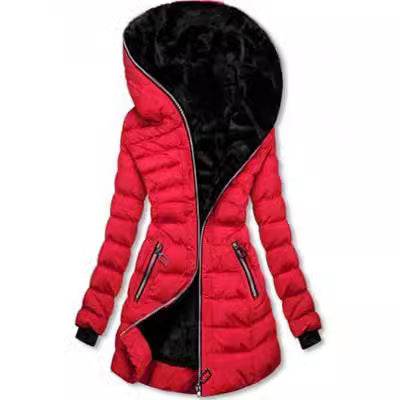 Hooded Warm Fleece Padded Jacket Mid-length Jacket Black Padded Jacket - www.Shopthatapp.com