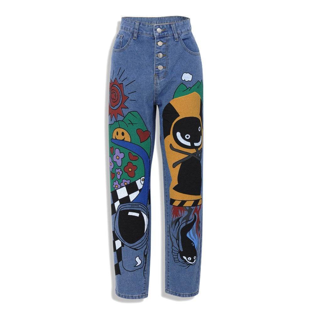Cartoon Printed Jeans  Pants Trousers For Women - www.Shopthatapp.com