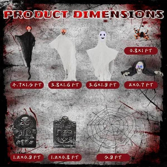 Outdoor Halloween Decorations 8-Piece Set, Hanging Ghosts Decor And Cobweb And Gravestone With Lighted Up Eyes, Scary Swinging Ghost Flying For Yard Patio Lawn Garden - www.Shopthatapp.com