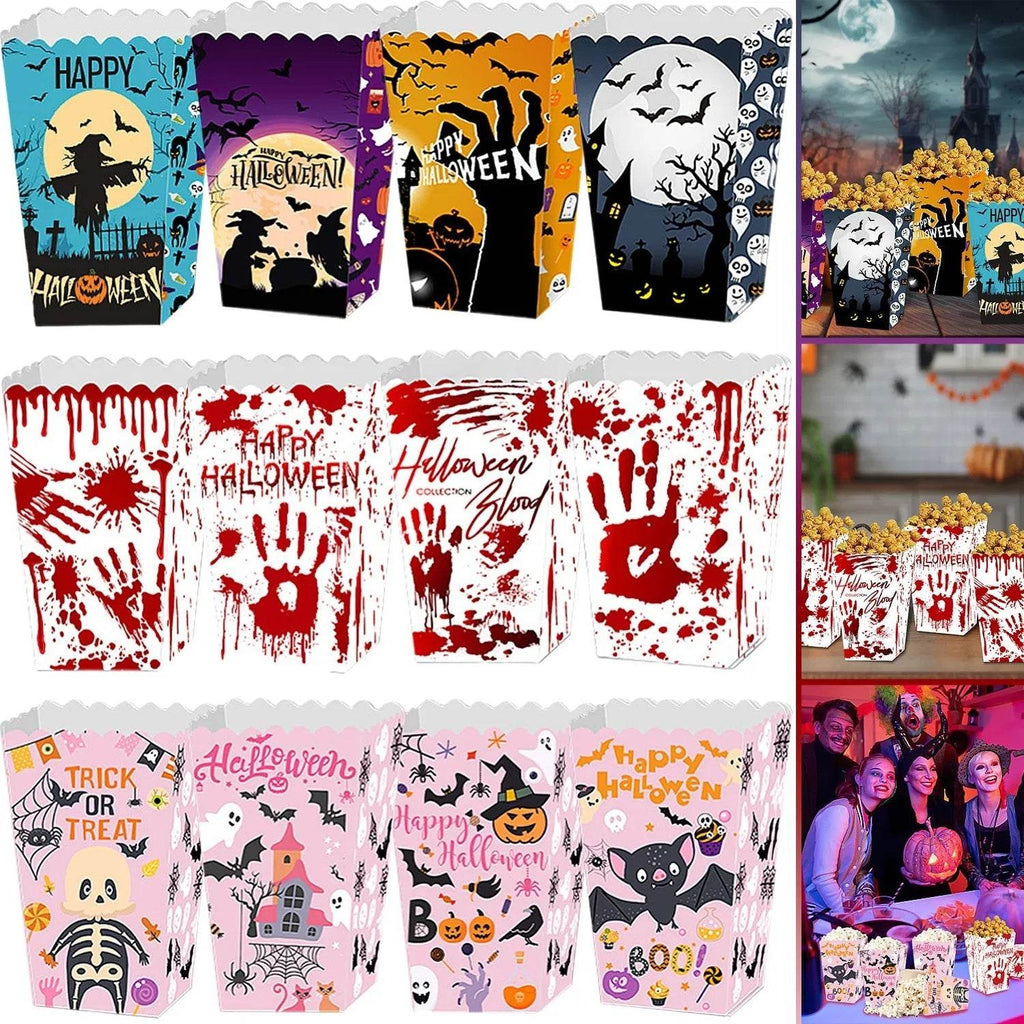 12Pcs Halloween Popcorn Box 3 Style Trick Or Treating Snack Treat Box Bloodstain Ghost Castle Bat Pattern Candy Cookie Container For Halloween Party Supplies - www.Shopthatapp.com