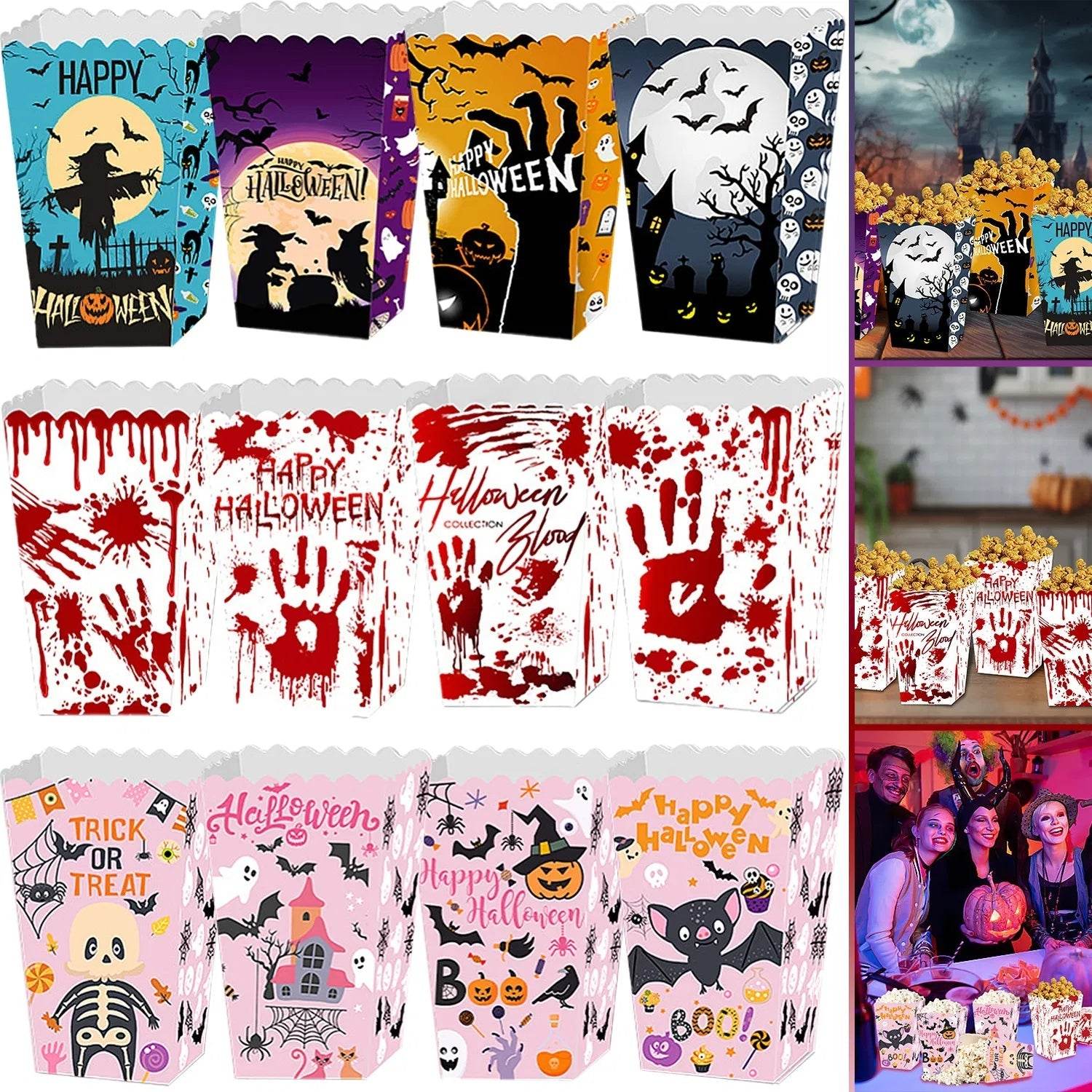 12Pcs Halloween Popcorn Box 3 Style Trick Or Treating Snack Treat Box Bloodstain Ghost Castle Bat Pattern Candy Cookie Container For Halloween Party Supplies - www.Shopthatapp.com
