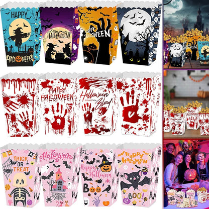 12Pcs Halloween Popcorn Box 3 Style Trick Or Treating Snack Treat Box Bloodstain Ghost Castle Bat Pattern Candy Cookie Container For Halloween Party Supplies - www.Shopthatapp.com