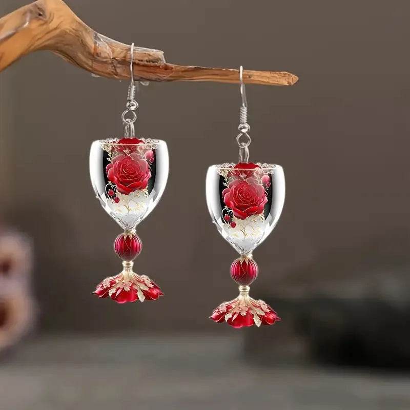 Valentine's Day Rose Wine Glass Acrylic Earrings - www.Shopthatapp.com