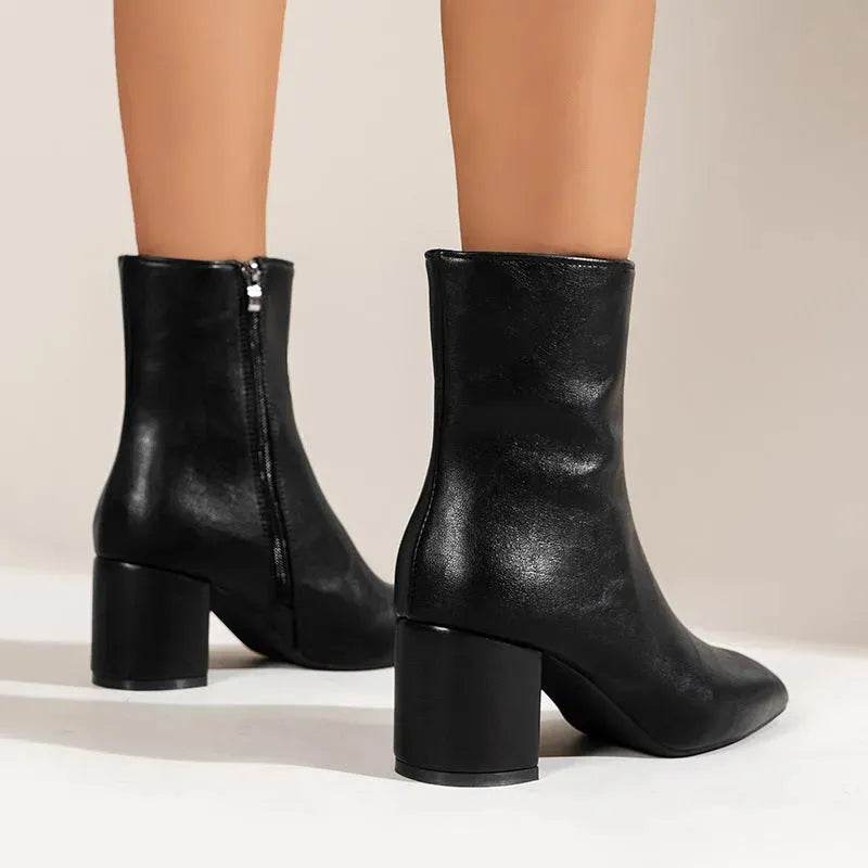 Winter Chunky Heel Pointed Toe Boots With Side Zipper Fashion Mid-calf Boot For Women Shoes - www.Shopthatapp.com