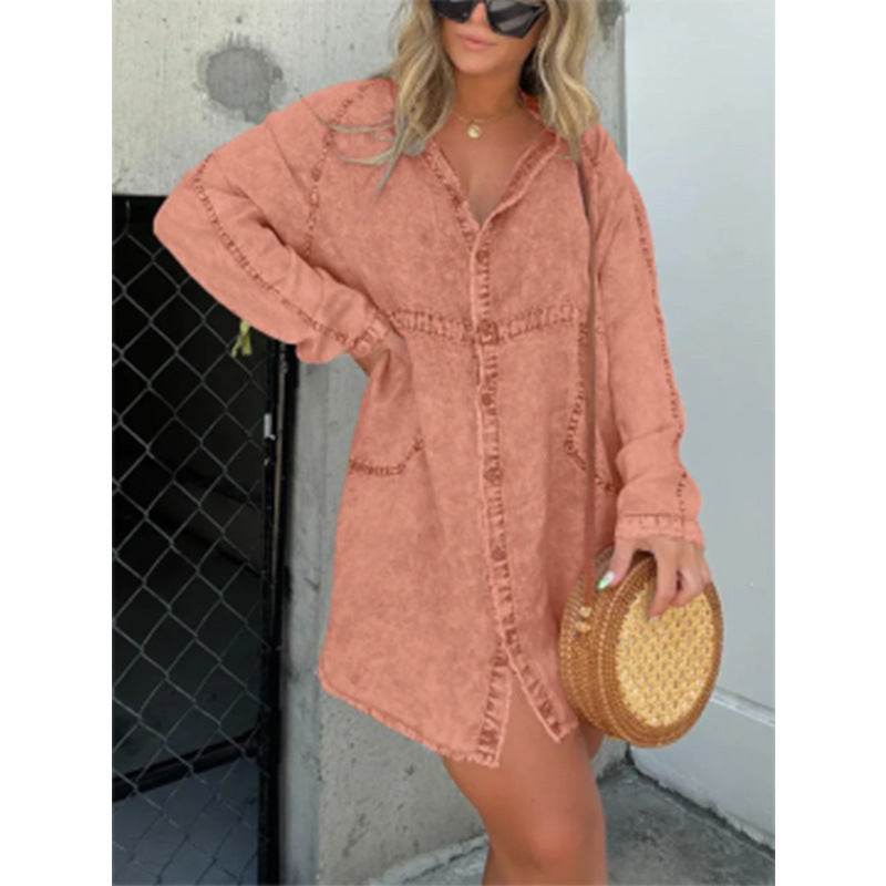 Women's Denim Washed Loose Shirt Dress - www.Shopthatapp.com