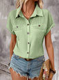 Lapel Shoulder Pleated Pocket Short Sleeve Top Shirt T-shirt Women - www.Shopthatapp.com