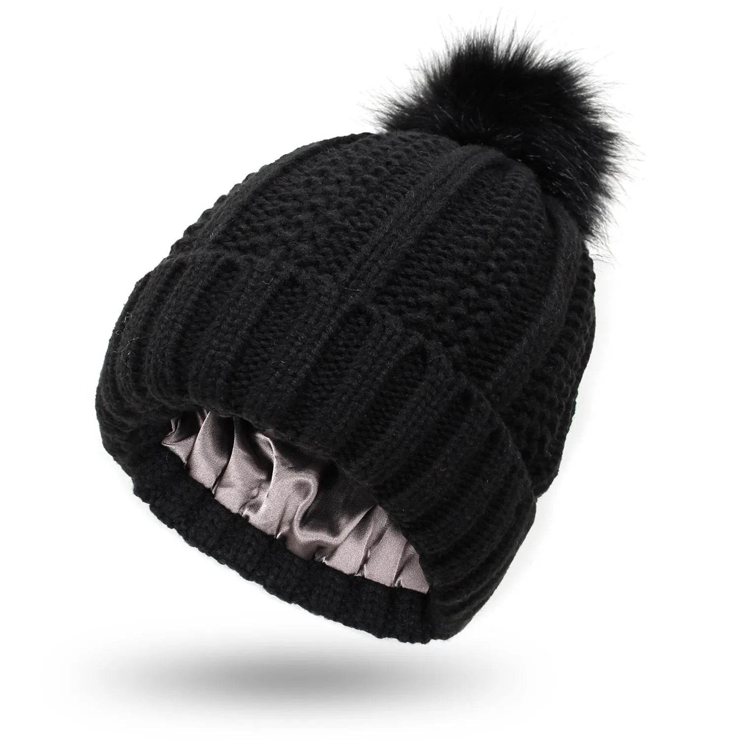 Stretchy Satin Lined Skull Knit  Faux Fur Pom Pom Beanie Hat - www.Shopthatapp.com