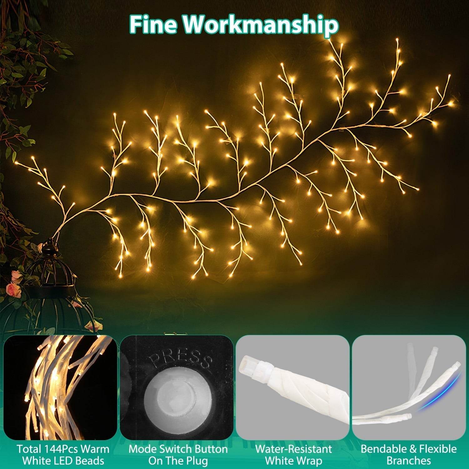 1Pc 7.87FT Lighted Birch Garland Lighted Twig Vine Lights 144LED Birch Garland With Lights String Light With Timer 8 Modes IP45 Waterproof For Christmas Fireplace Home Decoration - www.Shopthatapp.com