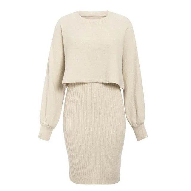 Women 2pcs Winter Outfit Cashmere dress Cropped Pullover top - www.Shopthatapp.com