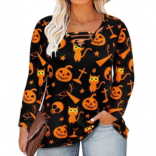 Digital Printing Halloween Round Neck Long Sleeve Plus Size T-shirt - www.Shopthatapp.com