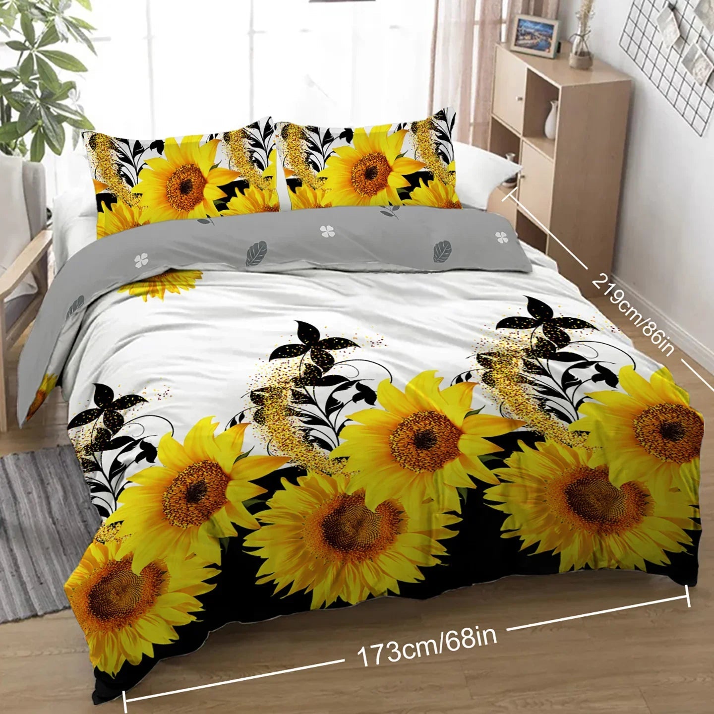 3 Pieces Black And White Background Sunflower Duvet Cover Set Yellow Flower Polyester Bedding Set For Adults Bedroom Decor Twin Full Queen King Size - www.Shopthatapp.com