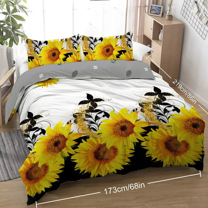 3 Pieces Black And White Background Sunflower Duvet Cover Set Yellow Flower Polyester Bedding Set For Adults Bedroom Decor Twin Full Queen King Size - www.Shopthatapp.com