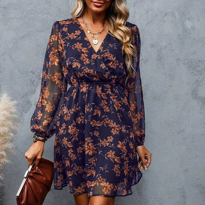 Casual V-neck Summer Spring Long Sleeve Floral mini Chiffon Dress