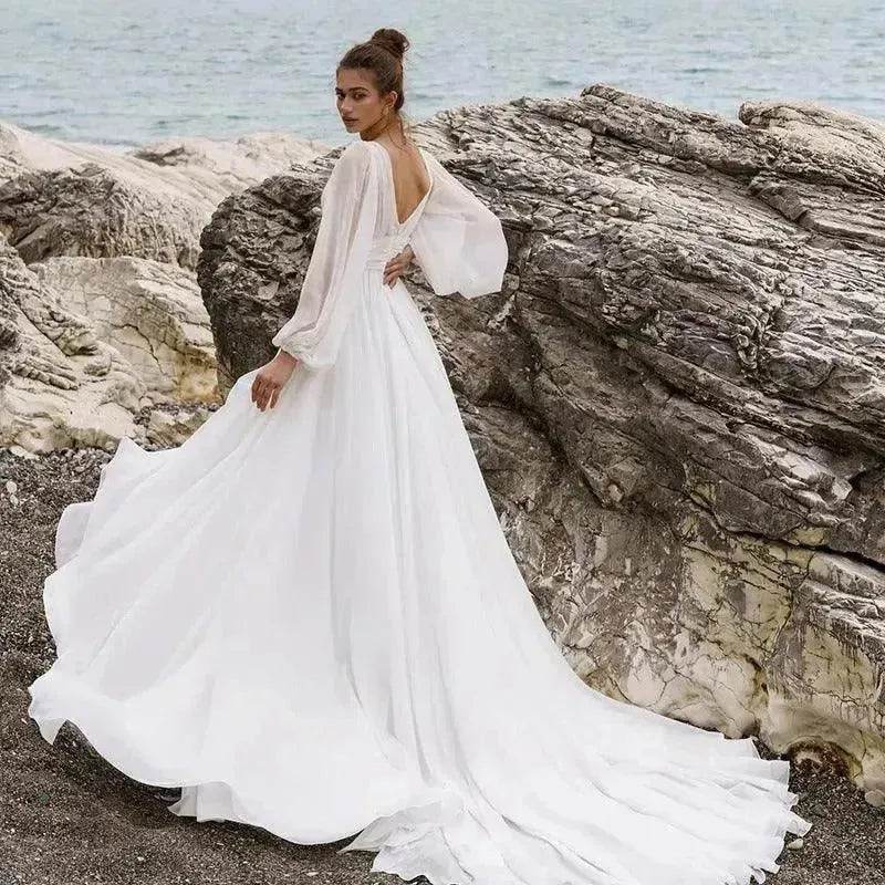 Beach Boho Wedding Dress Puff Sleeve V Neck Bridal Gown - www.Shopthatapp.com