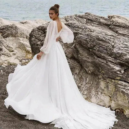 Beach Boho Wedding Dress Puff Sleeve V Neck Bridal Gown - www.Shopthatapp.com