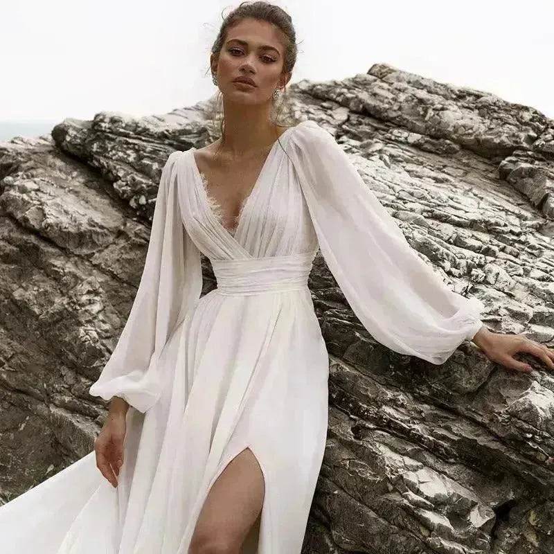 Beach Boho Wedding Dress Puff Sleeve V Neck Bridal Gown - www.Shopthatapp.com