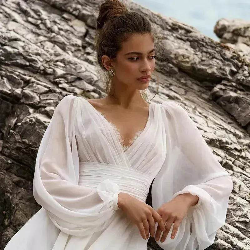 Beach Boho Wedding Dress Puff Sleeve V Neck Bridal Gown - www.Shopthatapp.com