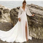 Beach Boho Wedding Dress Puff Sleeve V Neck Bridal Gown - www.Shopthatapp.com