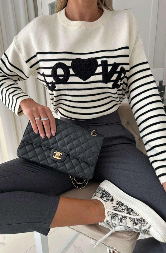 Bella Striped "love" knitted jumper - www.Shopthatapp.com