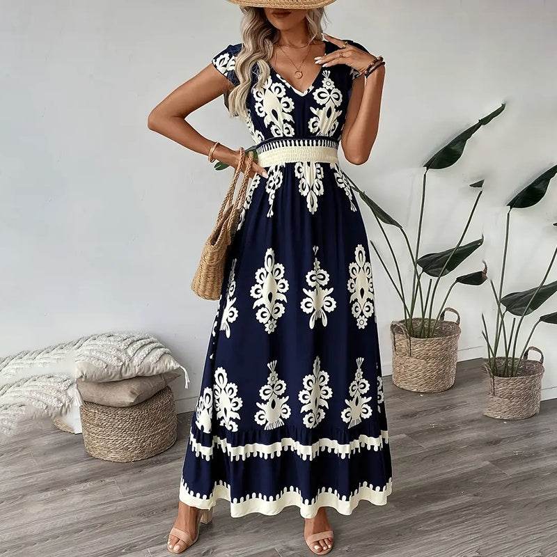 Women's Summer Flowy Maxi Dress Casual Cap Sleeve V Neck Smocked Waist Beach Sundress - www.Shopthatapp.com
