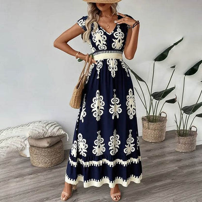 Women's Summer Flowy Maxi Dress Casual Cap Sleeve V Neck Smocked Waist Beach Sundress - www.Shopthatapp.com
