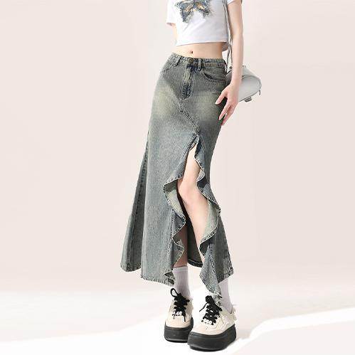 Irregular Half-length Split Denim long Skirt - www.Shopthatapp.com