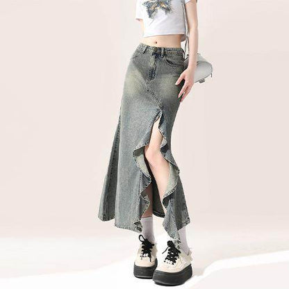 Irregular Half-length Split Denim long Skirt - www.Shopthatapp.com